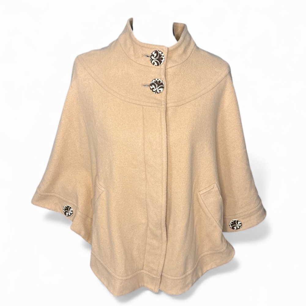Helene Berman Camel Small Wool Cashmere Cape Coat Vintage Button London Sz S UK